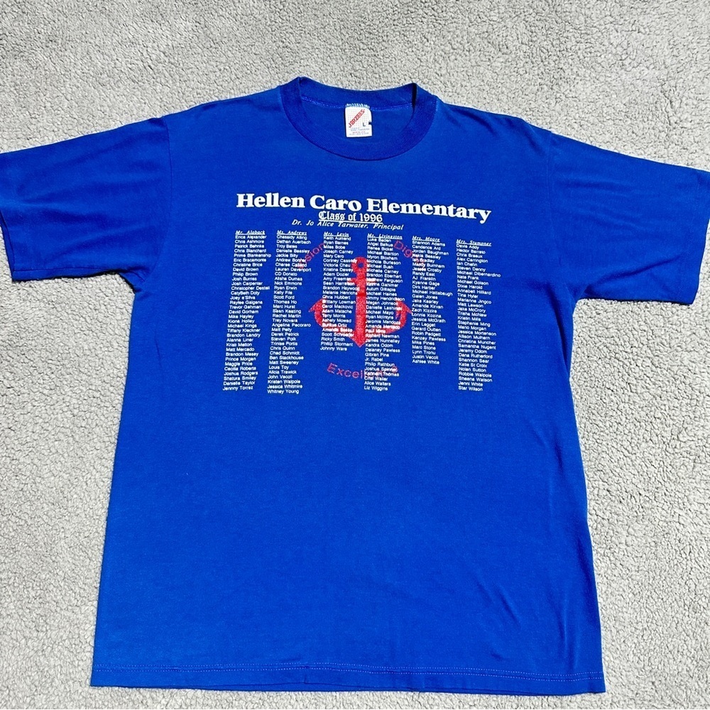 👉 Vintage 1996 Hellen Caro Elementary Class T-Shirt Blue Large Jerzees USA Made